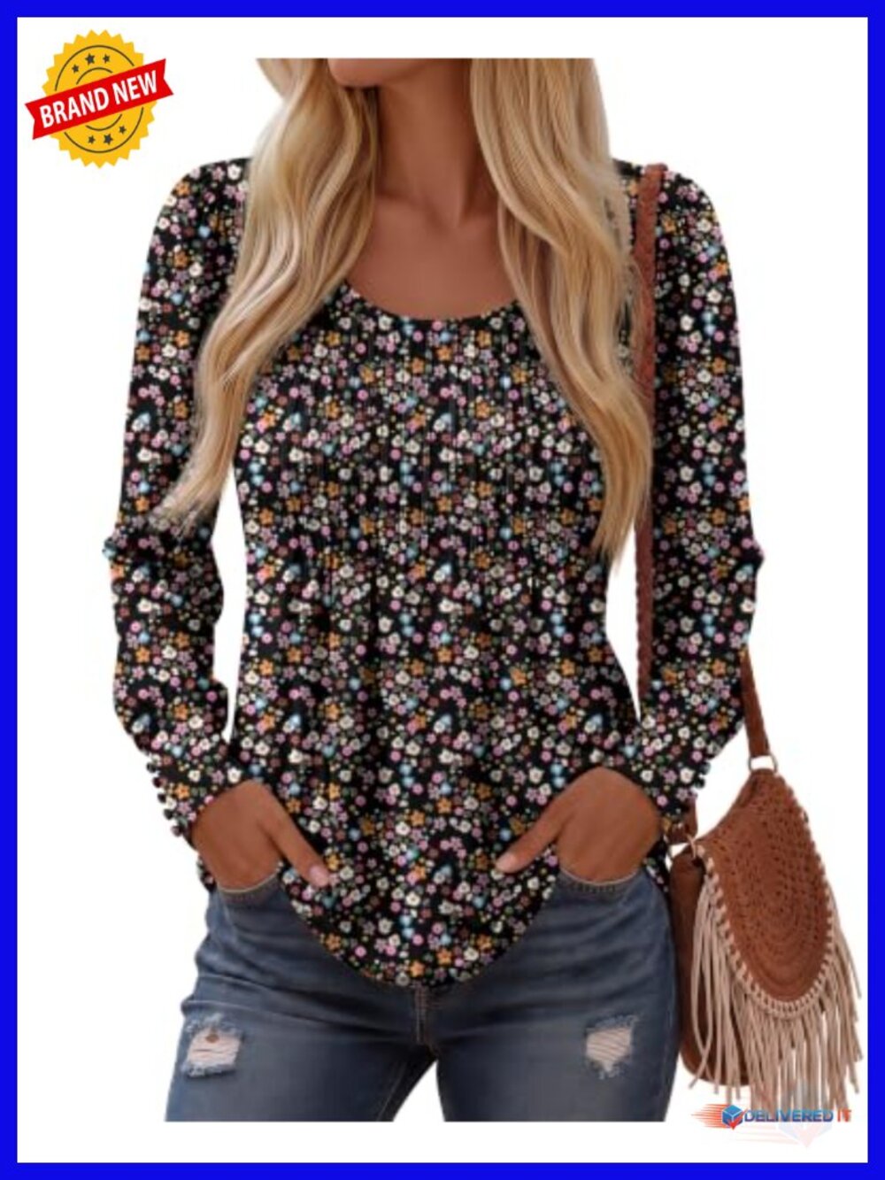 Women's Boho Long Sleeve Tunic Top Pleated Crew Neck Flowy Blouse